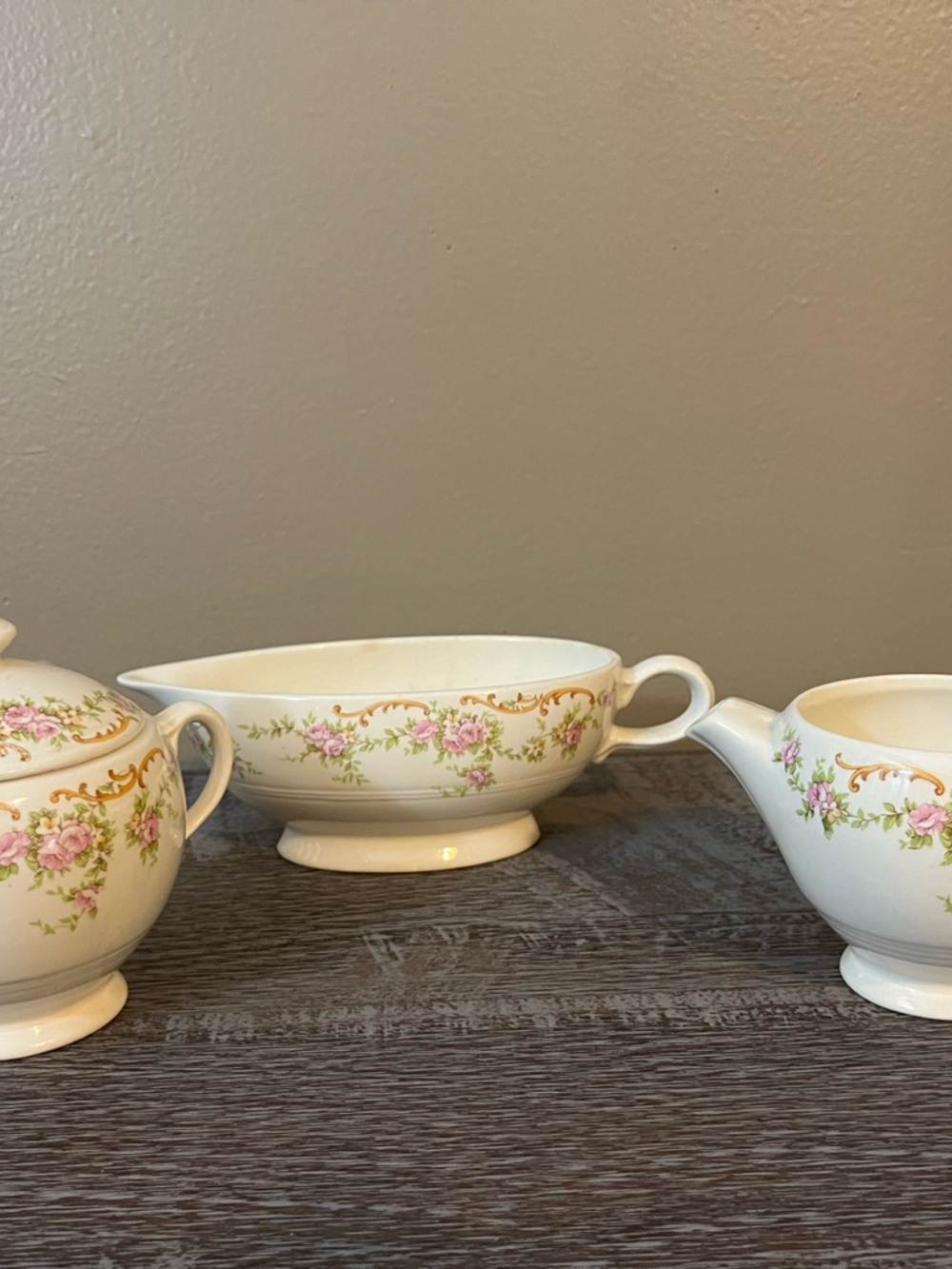 Vintage Salem China Co. Sandra Creamer, Sugar Bowl, Lid & Gravy Boat Set